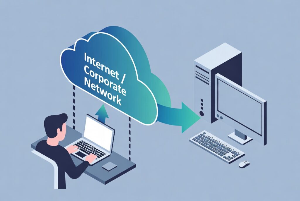 Isometric illustration of remote desktop protocol (RDP) connecting laptop to server