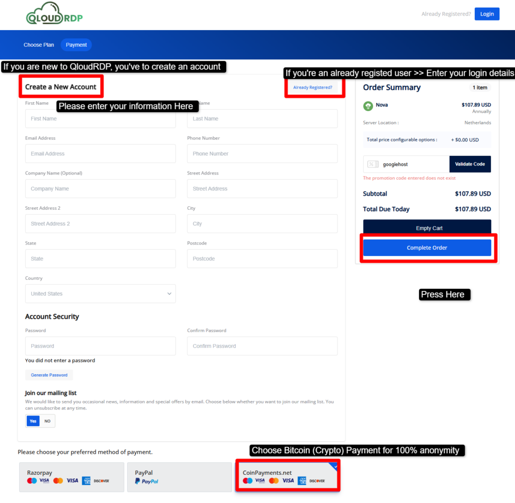 register and complete order with bitcoin payment option