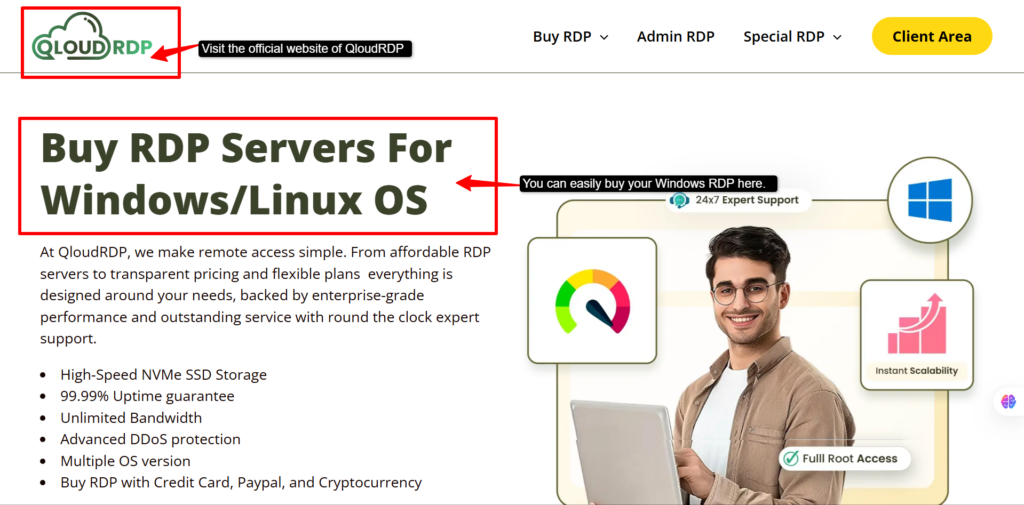 qloudrdp windows rdp page