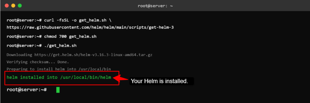 command window showing helm is installed