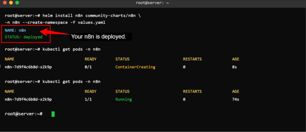 command window showing n8n is deployed