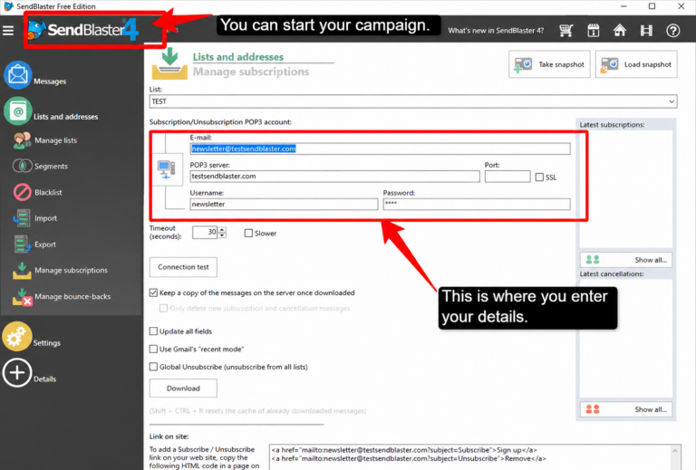 sendblaster dashboard where you can start your campaign