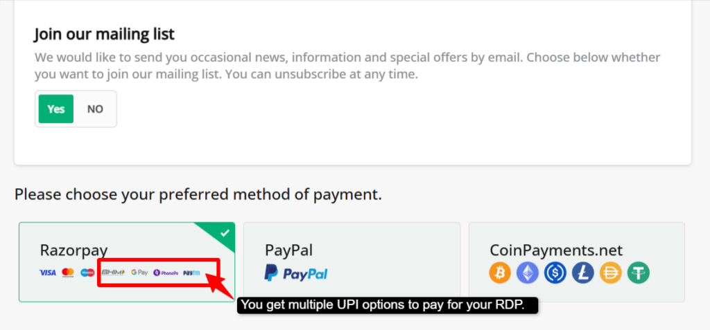 qloudrdp provides multiple payment options like buy rdp with upi, phonepay, paytm