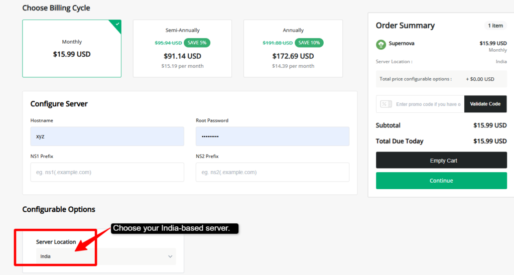 select rdp server location to India