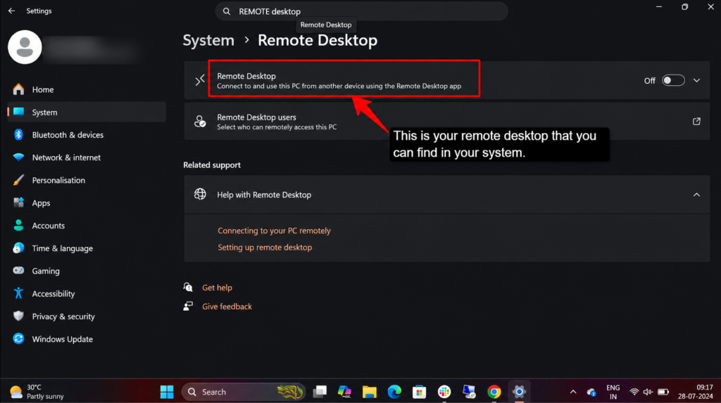 find rdp in your system setting