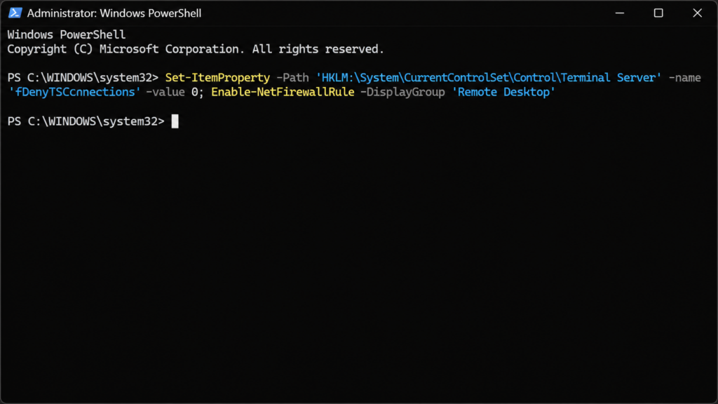 command on windows powershell to enable rdp