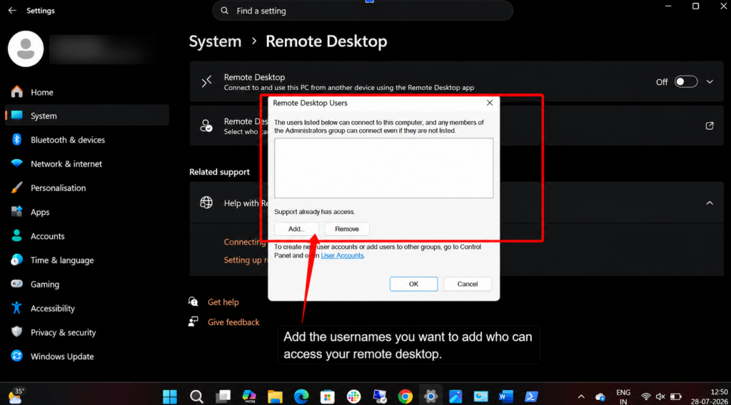 add username you want to add who can access your rdp in your system setting