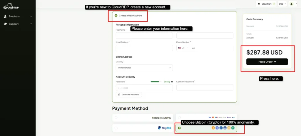 register and complete order with bitcoin payment option